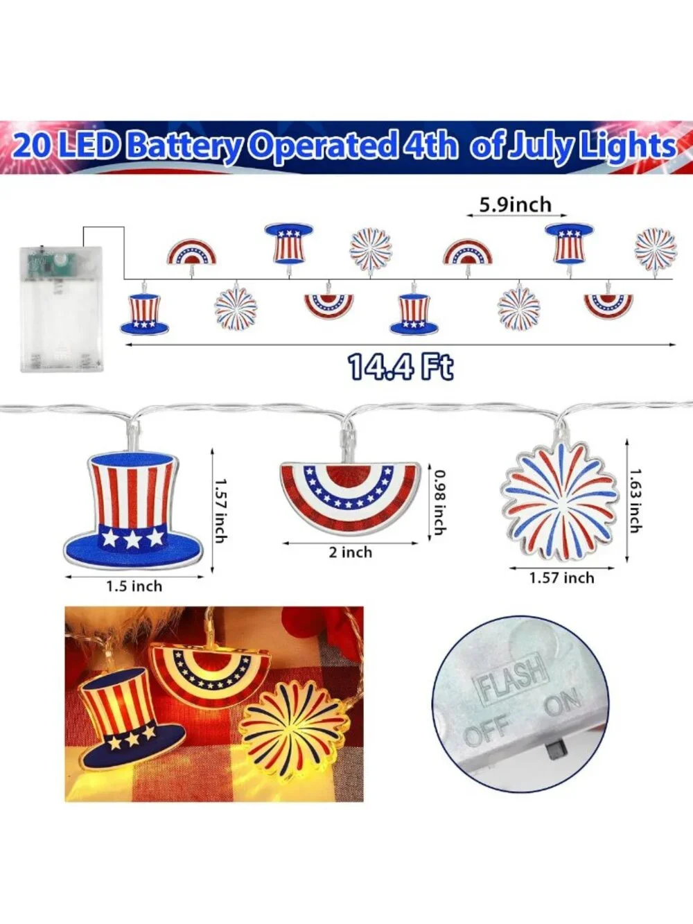 10FT Battery Operated 4th of July Lights | Patriotic Red, White & Blue Decor